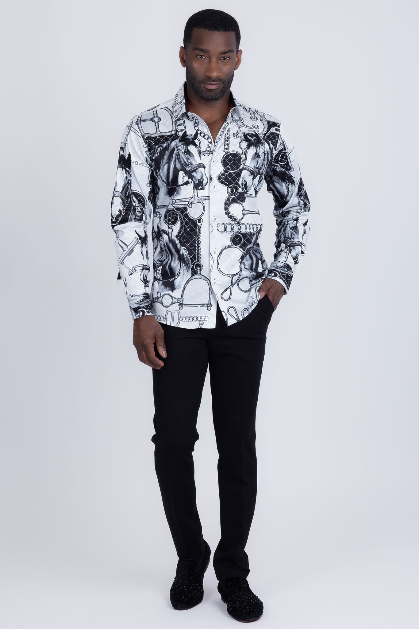 Barabas Wholesale Men's Rhinestones Horse Pattern Long Sleeve Shirts 5SPR04 White