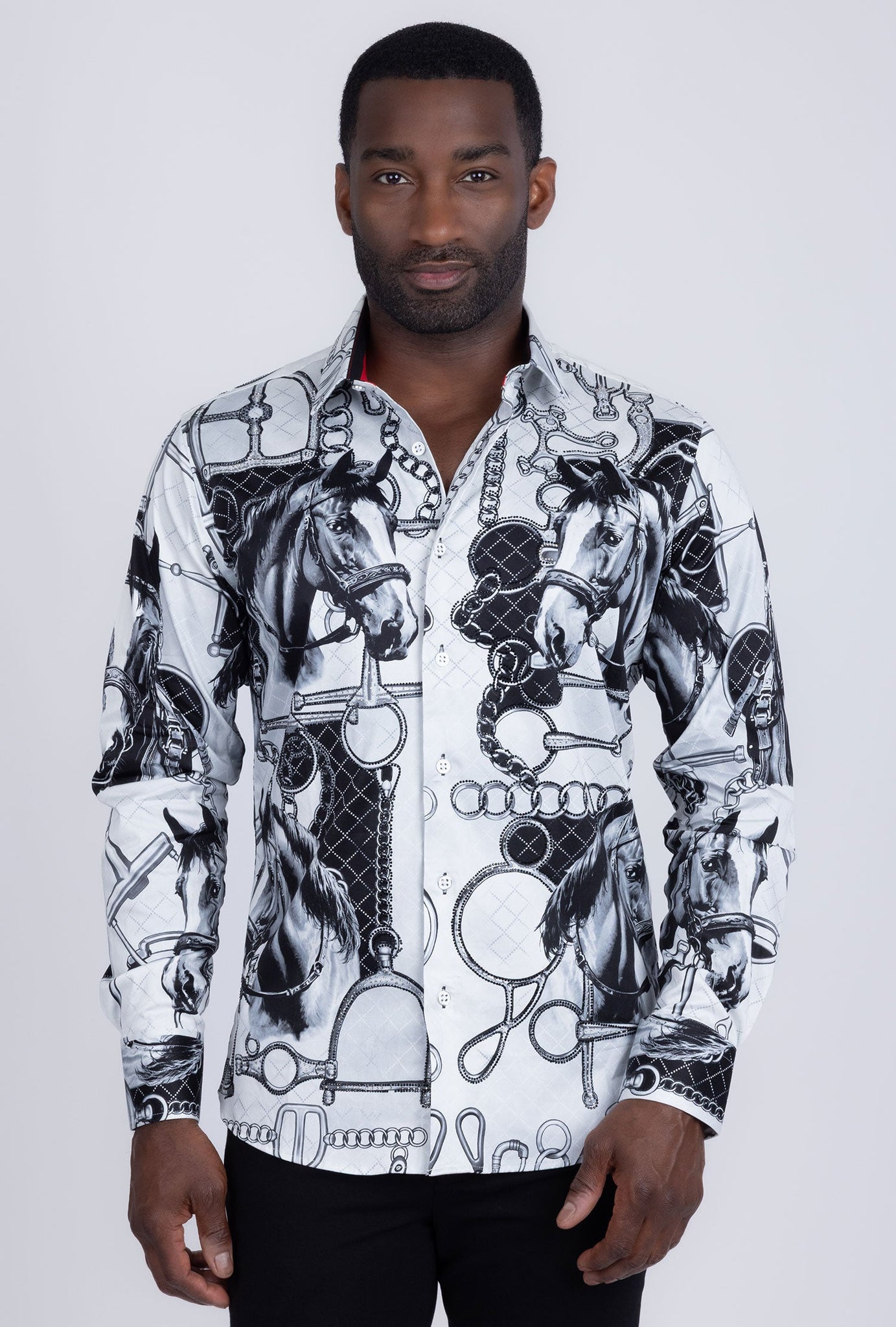 Barabas Wholesale Men's Rhinestones Horse Pattern Long Sleeve Shirts 5SPR04 Black