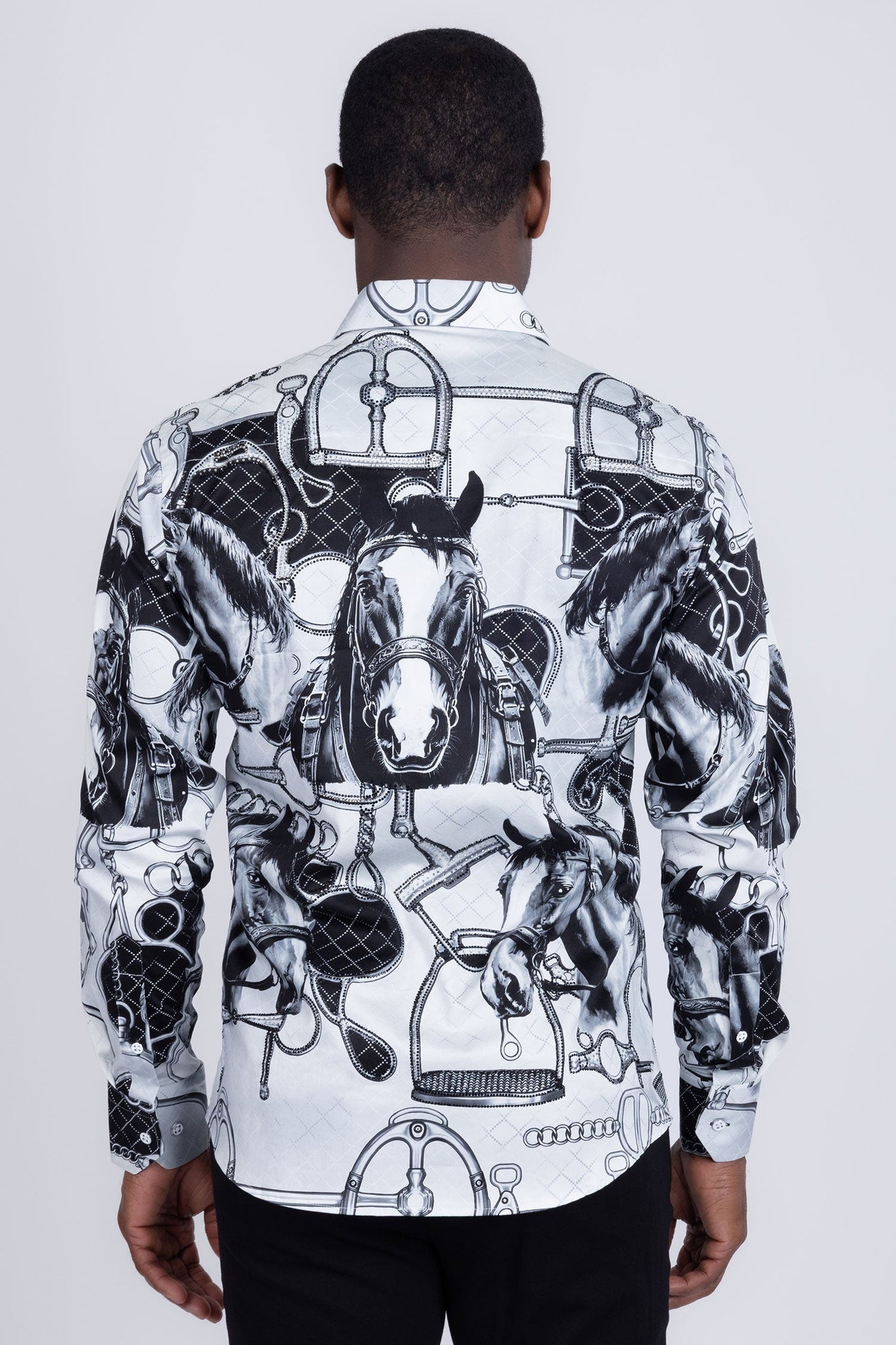 Barabas Wholesale Men's Rhinestones Horse Pattern Long Sleeve Shirts 5SPR04 Silver