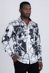 Barabas Wholesale Men's Rhinestones Horse Pattern Long Sleeve Shirts 5SPR04 Silver