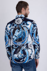 Barabas Wholesale Men's Stallion Rhinestones Stretch Long Sleeve Shirts 5SPR05 Blue