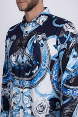 Barabas Wholesale Men's Stallion Rhinestones Stretch Long Sleeve Shirts 5SPR05 Blue