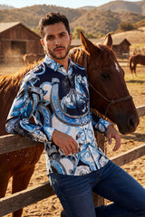 Barabas Wholesale Men's Stallion Rhinestones Stretch Long Sleeve Shirts 5SPR05 Sky