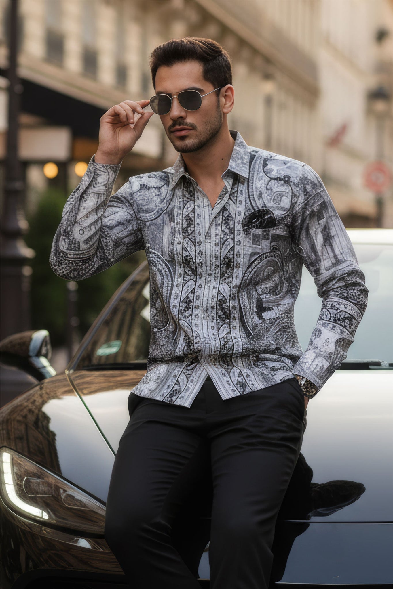 Barabas Wholesale Men's Rhinestones Paisley Animal Long Sleeve Shirts 5SPR07 Silver