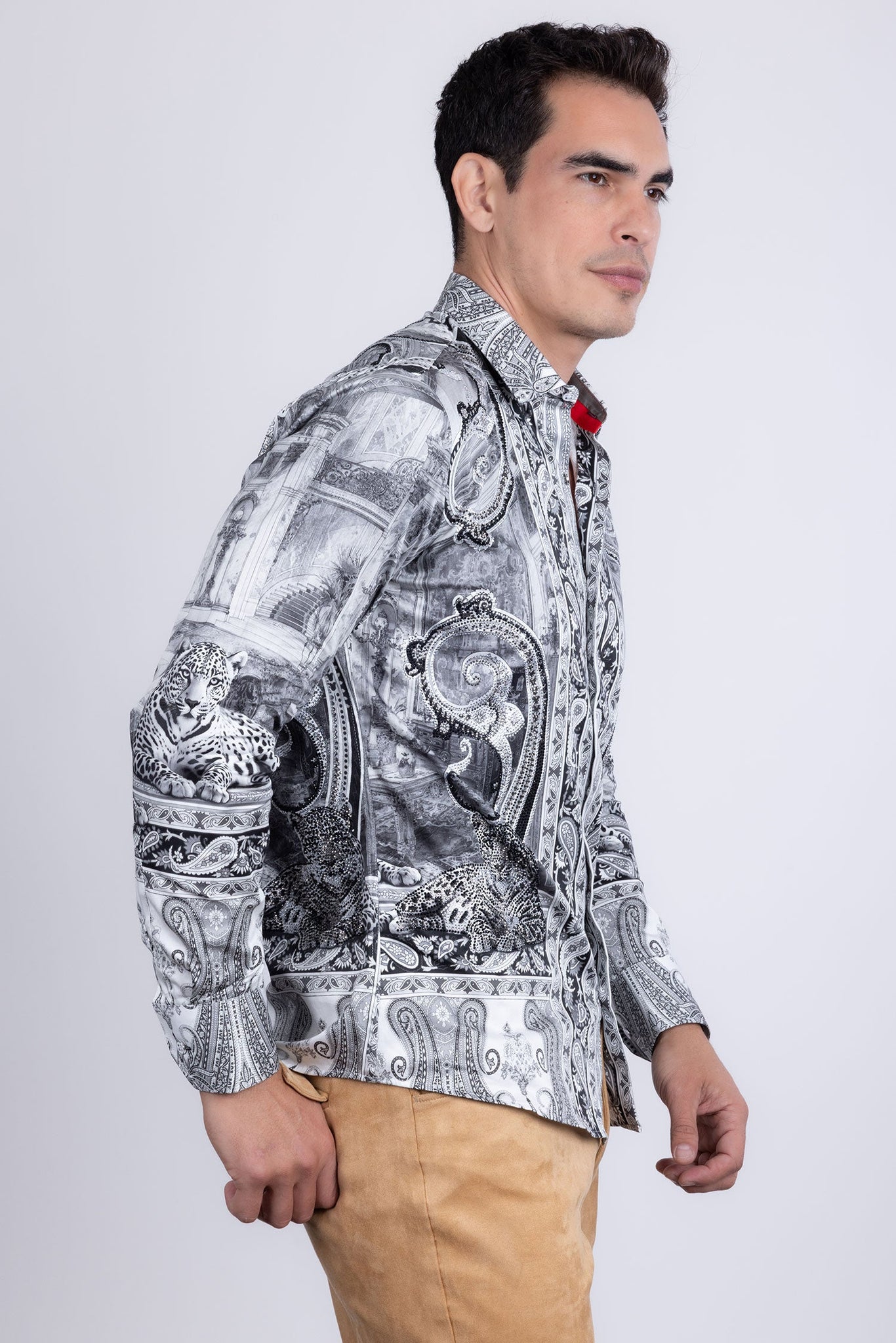 Barabas Wholesale Men's Rhinestones Paisley Animal Long Sleeve Shirts 5SPR07 Silver