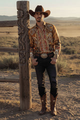 Barabas Wholesale Men's Rhinestones Paisley Animal Long Sleeve Shirts 5SPR07 Taupe