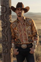 Barabas Wholesale Men's Rhinestones Paisley Animal Long Sleeve Shirts 5SPR07 Taupe