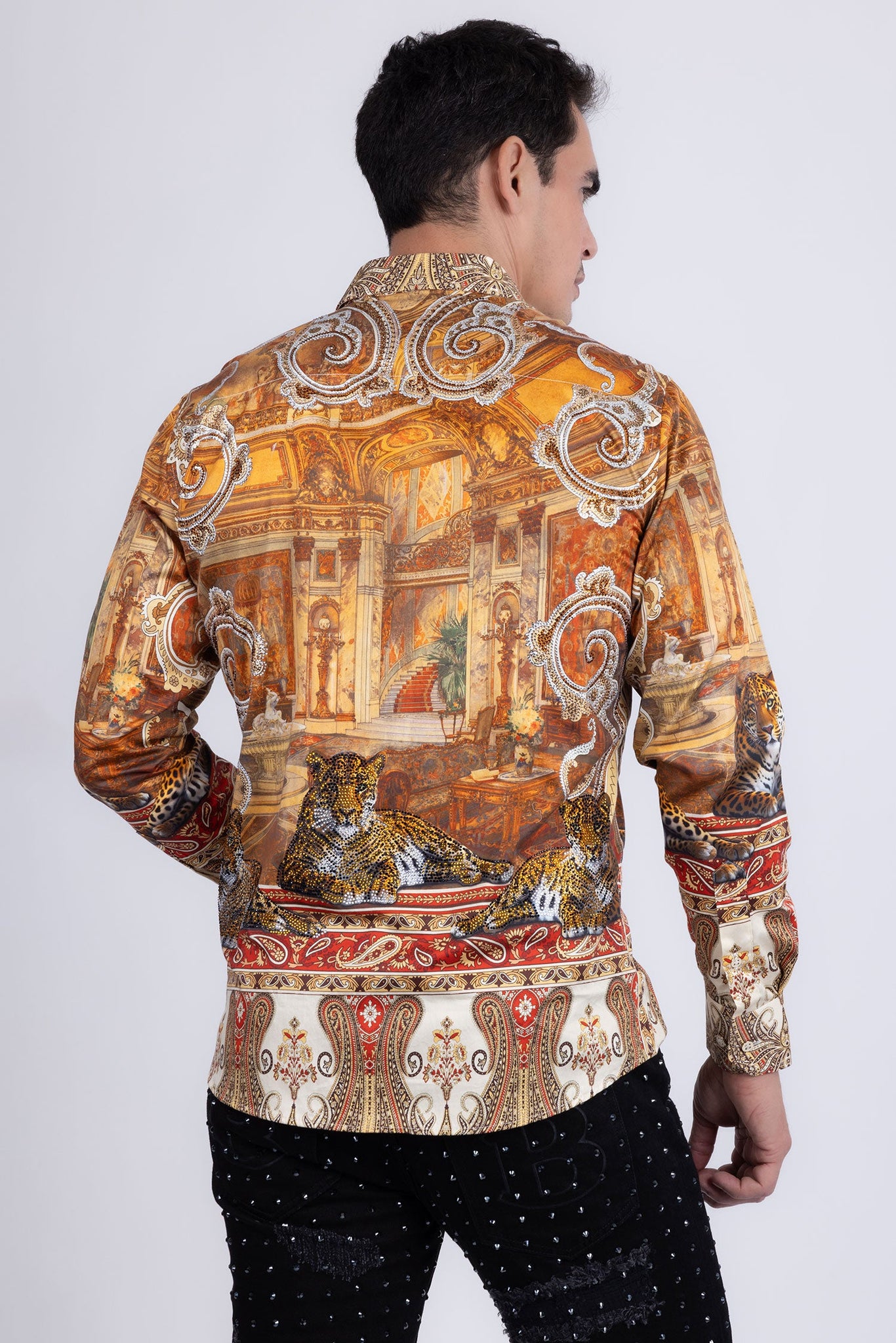 Barabas Wholesale Men's Rhinestones Paisley Animal Long Sleeve Shirts 5SPR07 Taupe