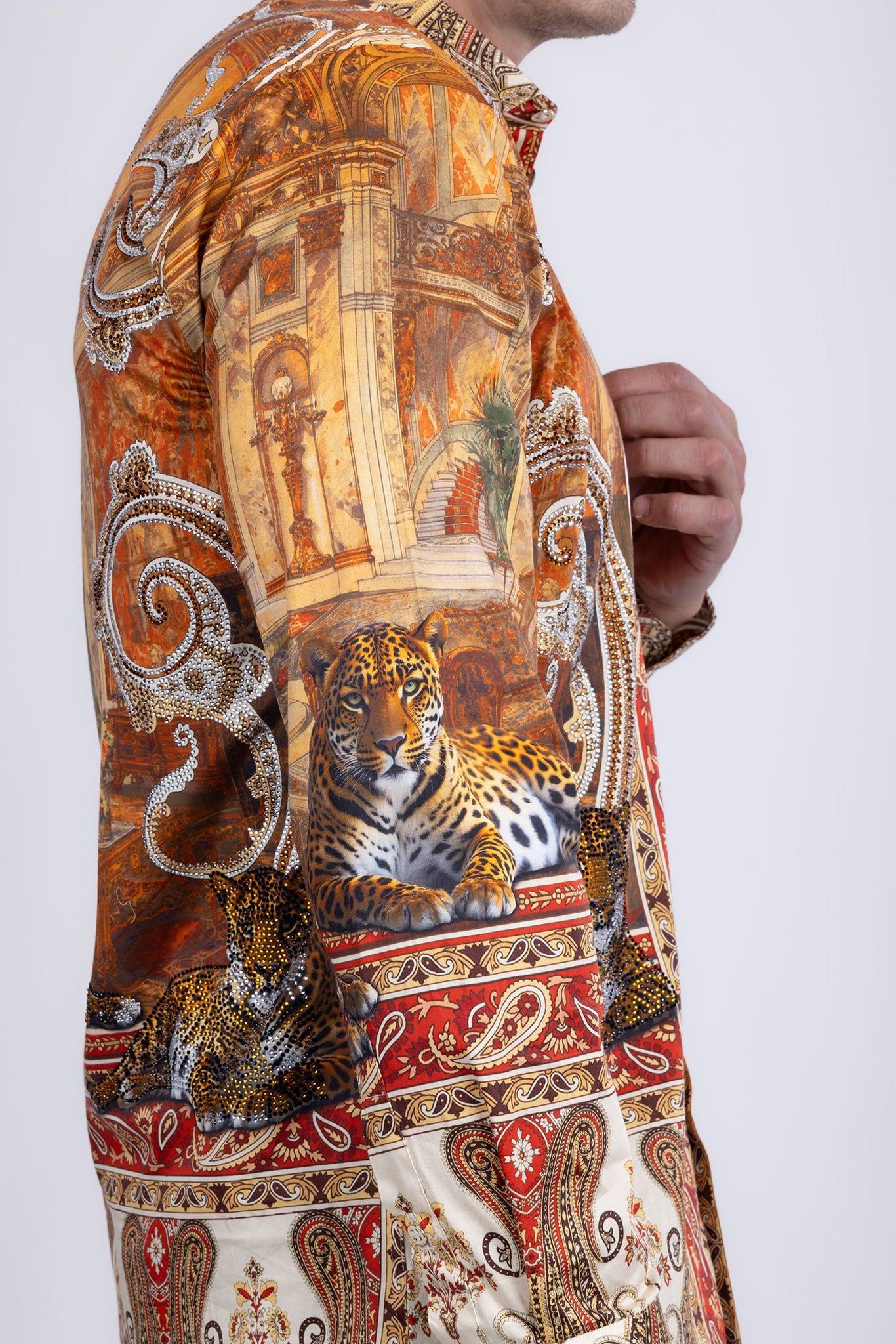 Barabas Wholesale Men's Rhinestones Paisley Animal Long Sleeve Shirts 5SPR07 Taupe