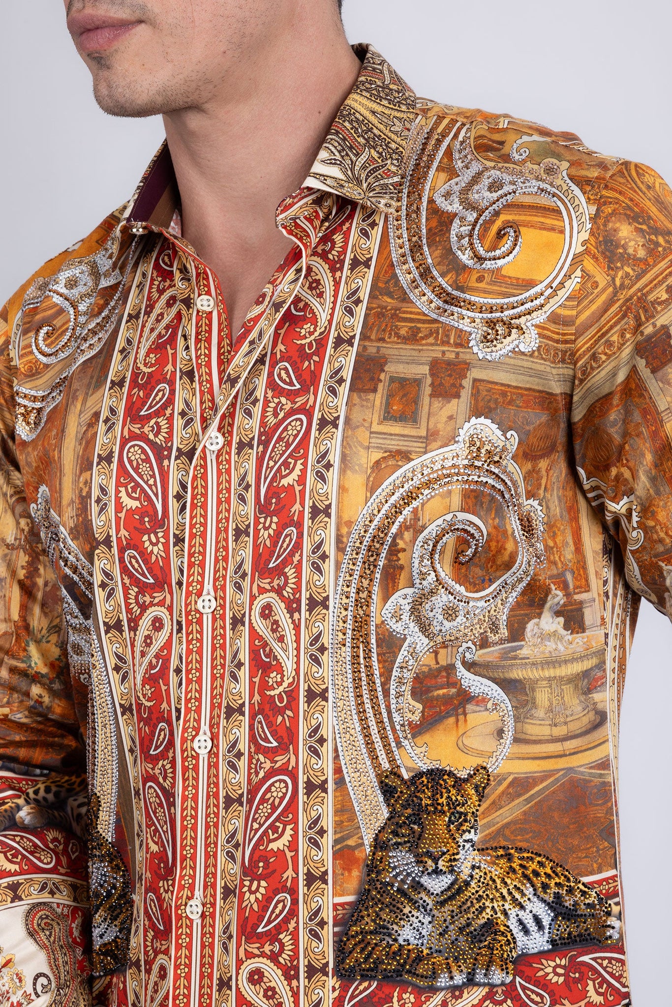 Barabas Wholesale Men's Rhinestones Paisley Animal Long Sleeve Shirts 5SPR07 Taupe