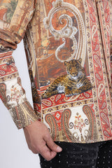 Barabas Wholesale Men's Rhinestones Paisley Animal Long Sleeve Shirts 5SPR07 Taupe