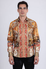 Barabas Wholesale Men's Rhinestones Paisley Animal Long Sleeve Shirts 5SPR07 Taupe