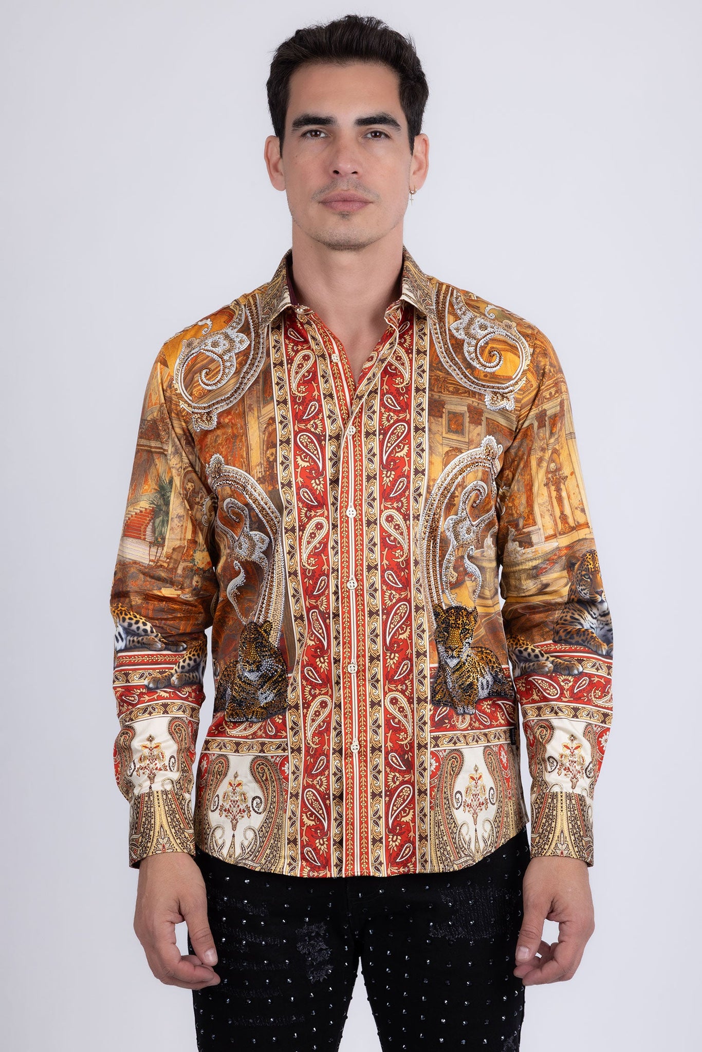 Barabas Wholesale Men's Rhinestones Paisley Animal Long Sleeve Shirts 5SPR07 Taupe