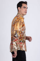 Barabas Wholesale Men's Rhinestones Paisley Animal Long Sleeve Shirts 5SPR07 Taupe