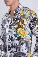 Barabas Wholesale Men's Rhinestones Floral Dragon Tiger Long Sleeve Shirt 5SPR08 Black