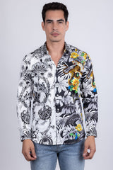 Barabas Wholesale Men's Rhinestones Floral Dragon Tiger Long Sleeve Shirt 5SPR08 White