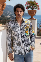 Barabas Wholesale Men's Rhinestones Floral Dragon Tiger Long Sleeve Shirt 5SPR08 White