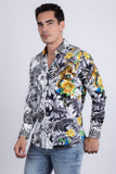 Barabas Wholesale Men's Rhinestones Floral Dragon Tiger Long Sleeve Shirt 5SPR08 White