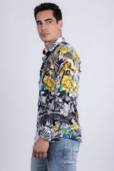 Barabas Wholesale Men's Rhinestones Floral Dragon Tiger Long Sleeve Shirt 5SPR08 White