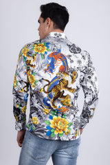Barabas Wholesale Men's Rhinestones Floral Dragon Tiger Long Sleeve Shirt 5SPR08 White