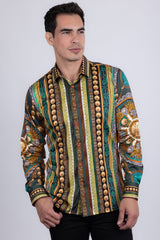 Barabas Wholesale Men's Rhinestones Floral 50 Pesos Long Sleeve Shirts 5SPR09 Green