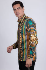 Barabas Wholesale Men's Rhinestones Floral 50 Pesos Long Sleeve Shirts 5SPR09 Green