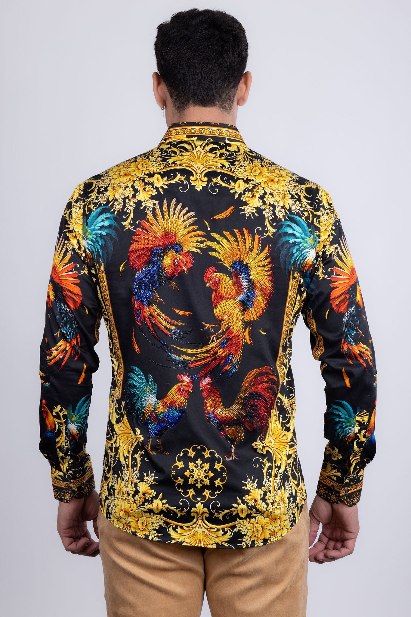Barabas Wholesale Men's Rhinestones Animal Print Long Sleeve Shirts 5SPR10 Gold