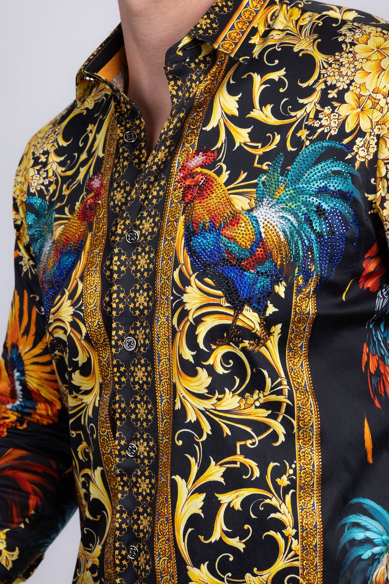 Barabas Wholesale Men's Rhinestones Animal Print Long Sleeve Shirts 5SPR10 Black