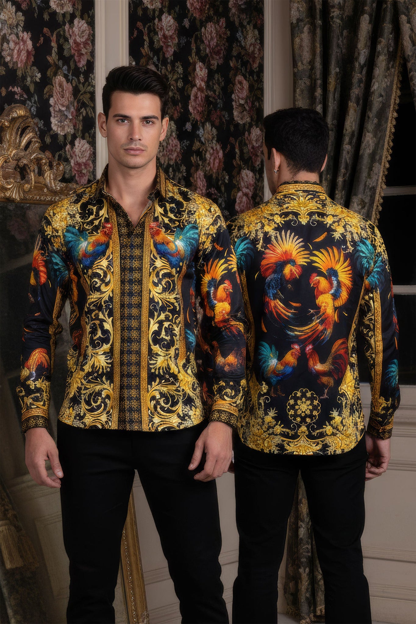 Barabas Wholesale Men's Rhinestones Animal Print Long Sleeve Shirts 5SPR10 Gold Black