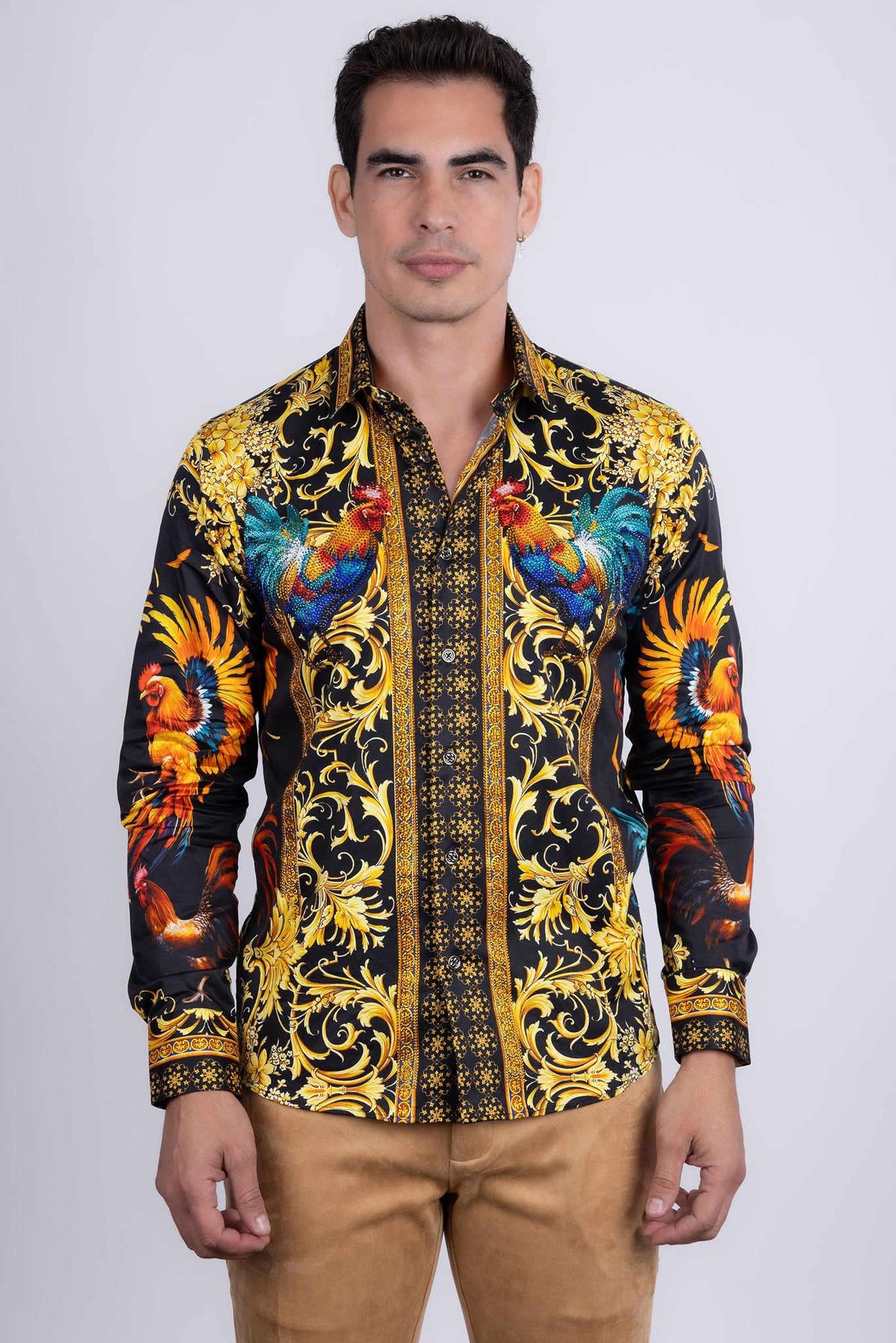 Barabas Wholesale Men's Rhinestones Animal Print Long Sleeve Shirts 5SPR10 Black
