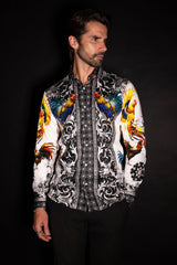 Barabas Wholesale Men's Rhinestones Animal Print Long Sleeve Shirts 5SPR10 Gold White