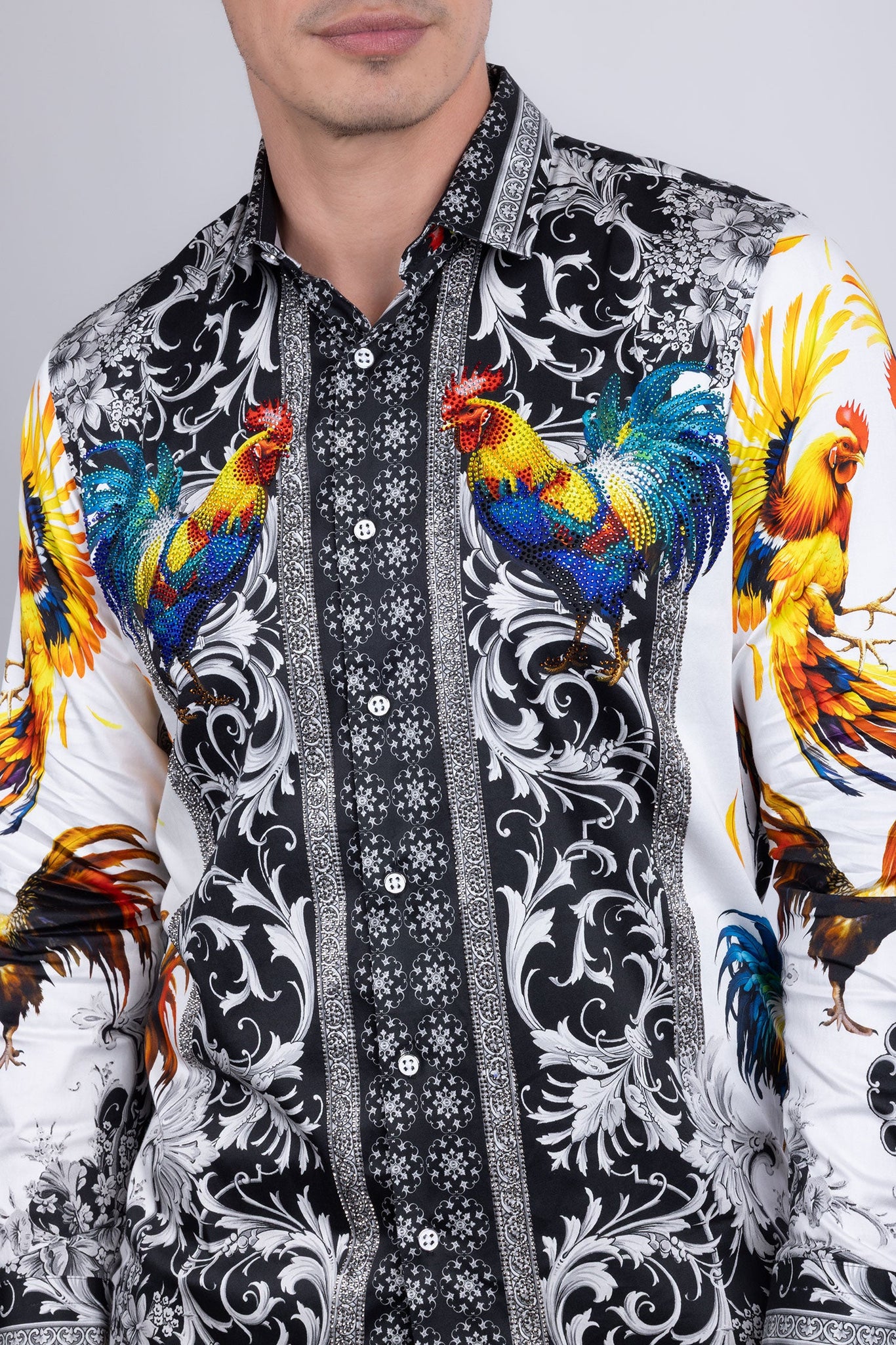 Barabas Wholesale Men's Rhinestones Animal Print Long Sleeve Shirts 5SPR10 White