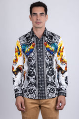 Barabas Wholesale Men's Rhinestones Animal Print Long Sleeve Shirts 5SPR10 White