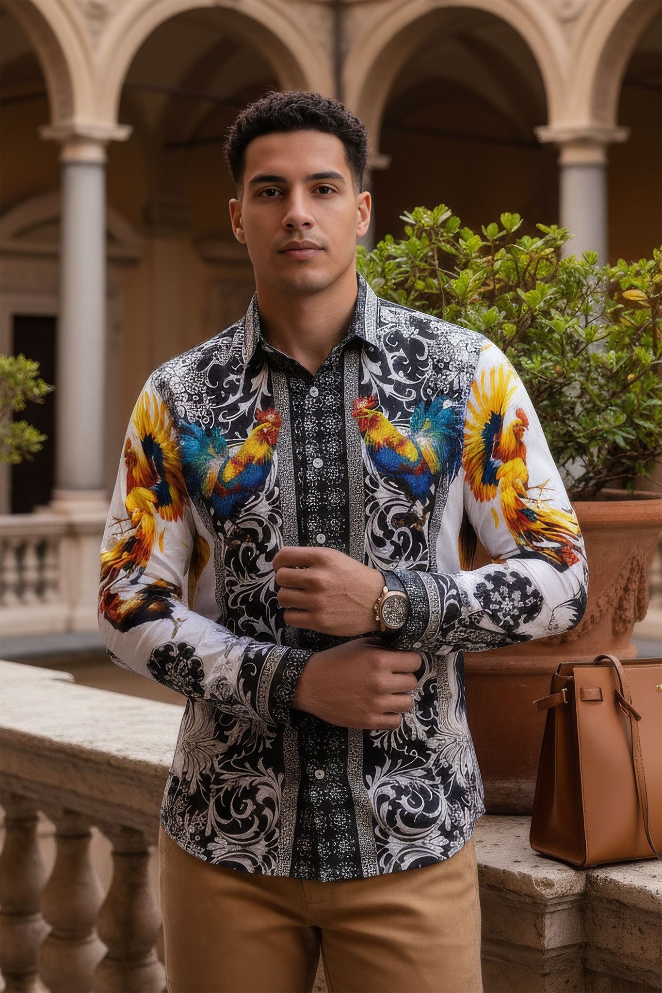 Barabas Wholesale Men's Rhinestones Animal Print Long Sleeve Shirts 5SPR10 White