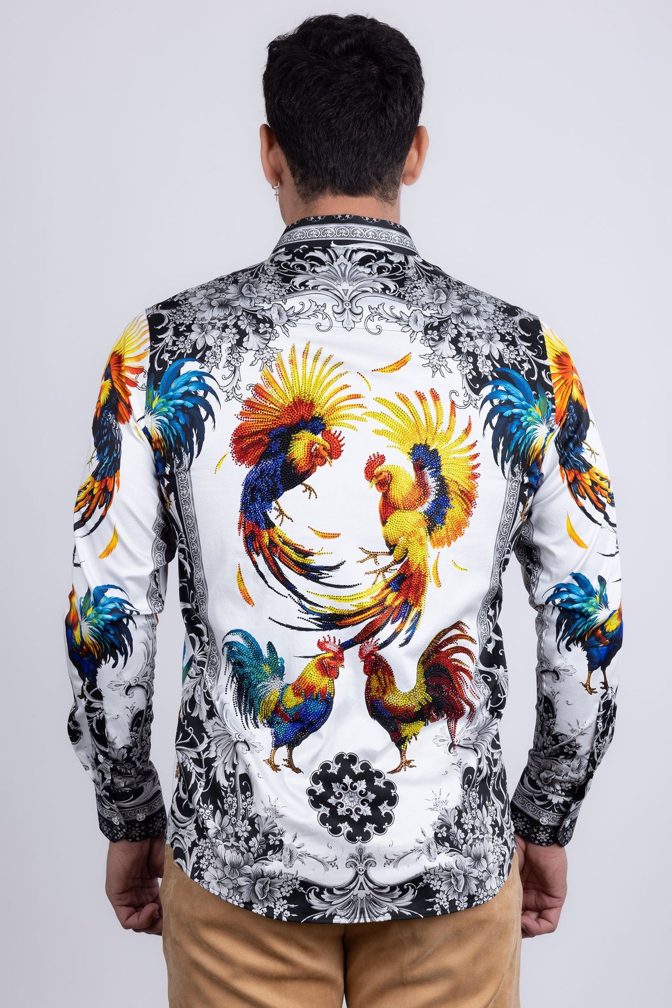 Barabas Wholesale Men's Rhinestones Animal Print Long Sleeve Shirts 5SPR10 Black White