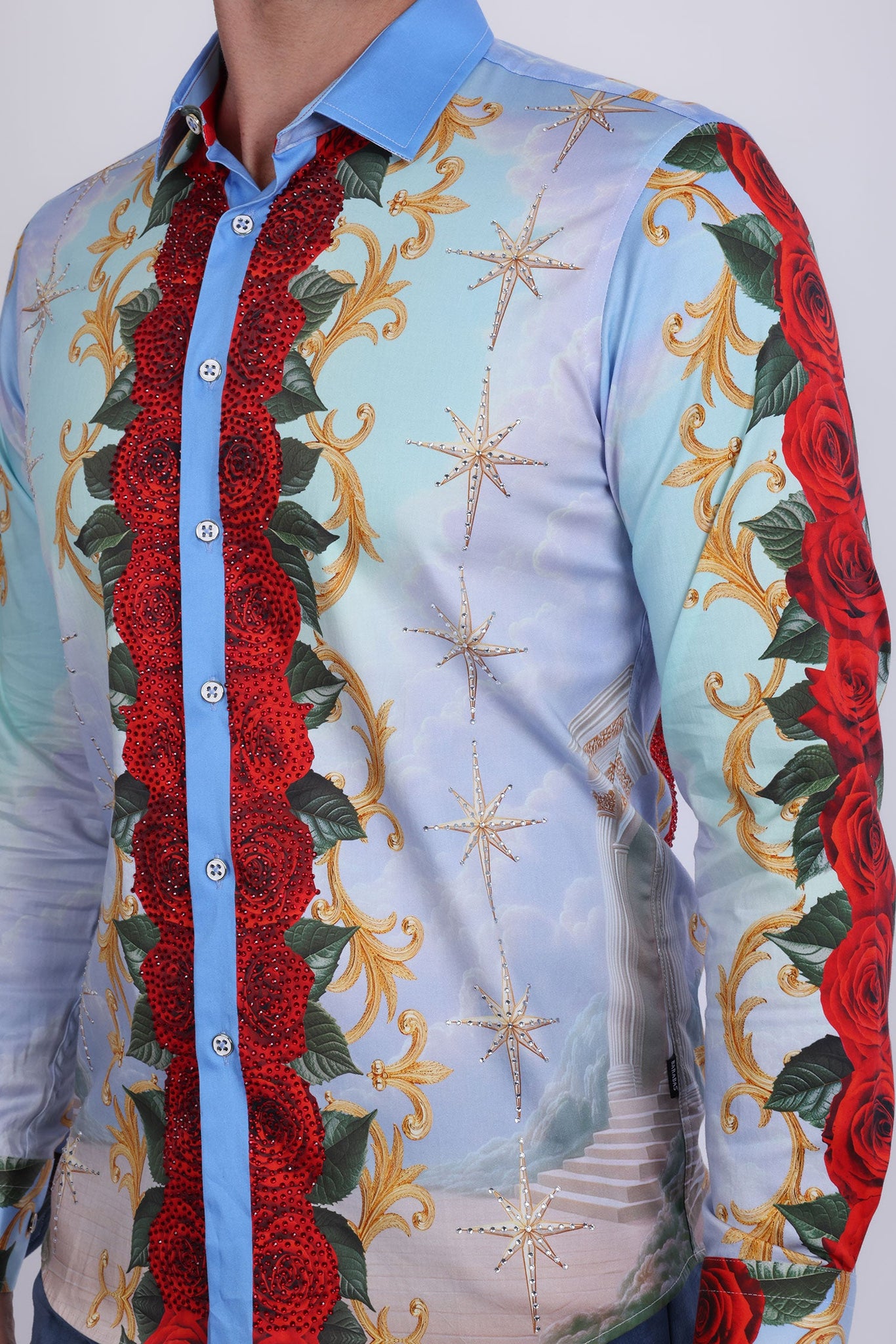 Barabas Men's San Judas Tadeo Rhinestones Floral Baroque Shirt 5SPR11 Blue