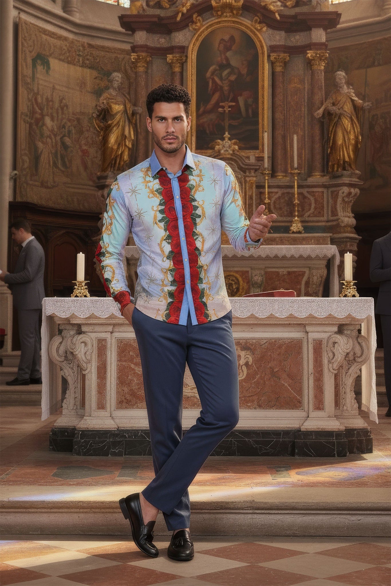 Barabas Men's San Judas Tadeo Rhinestones Floral Baroque Shirt 5SPR11 Multi