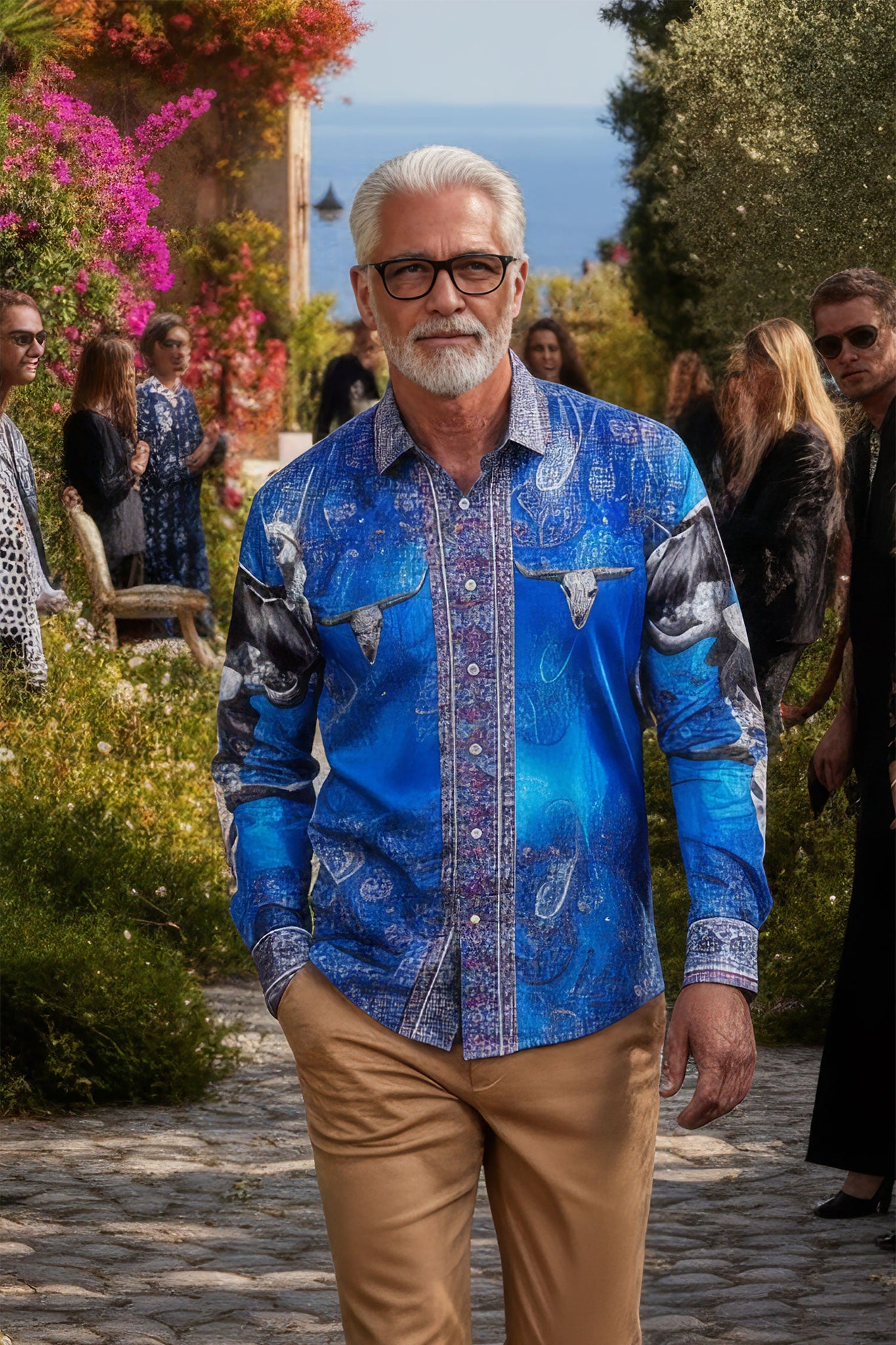Barabas Wholesale Men's Rhinestones Animal Paisley Long Sleeve Shirts 5SPR12 Blue