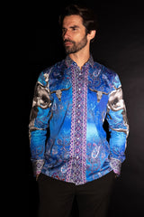 Barabas Wholesale Men's Rhinestones Animal Paisley Long Sleeve Shirts 5SPR12 Blue