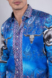 Barabas Wholesale Men's Rhinestones Animal Paisley Long Sleeve Shirts 5SPR12 Blue