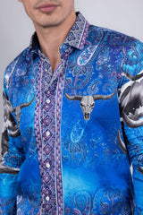 Barabas Wholesale Men's Rhinestones Animal Paisley Long Sleeve Shirts 5SPR12 Blue