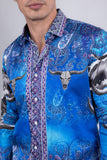 Barabas Wholesale Men's Rhinestones Animal Paisley Long Sleeve Shirts 5SPR12 Blue