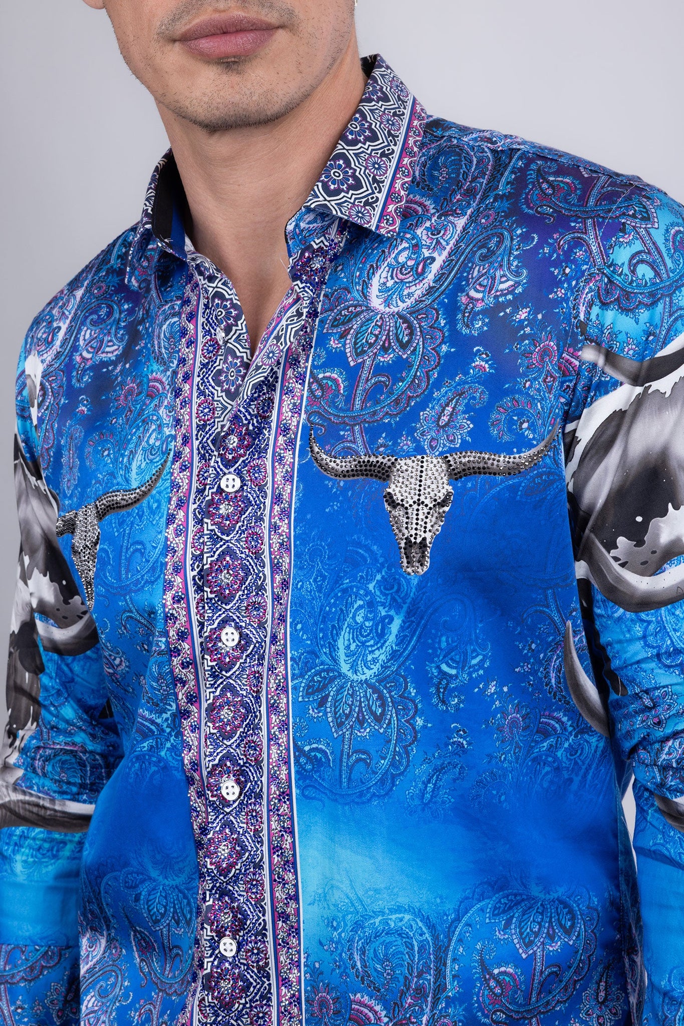 Barabas Wholesale Men's Rhinestones Animal Paisley Long Sleeve Shirts 5SPR12 Blue