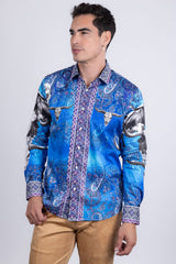 Barabas Wholesale Men's Rhinestones Animal Paisley Long Sleeve Shirts 5SPR12 Blue