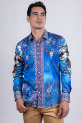 Barabas Wholesale Men's Rhinestones Animal Paisley Long Sleeve Shirts 5SPR12 Blue