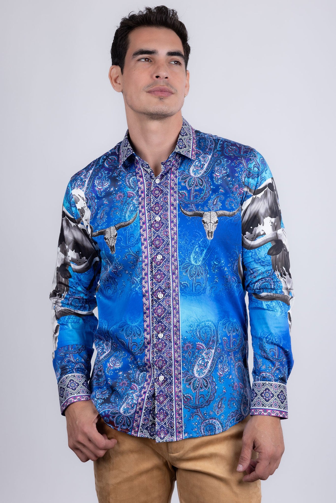 Barabas Wholesale Men's Rhinestones Animal Paisley Long Sleeve Shirts 5SPR12 Blue
