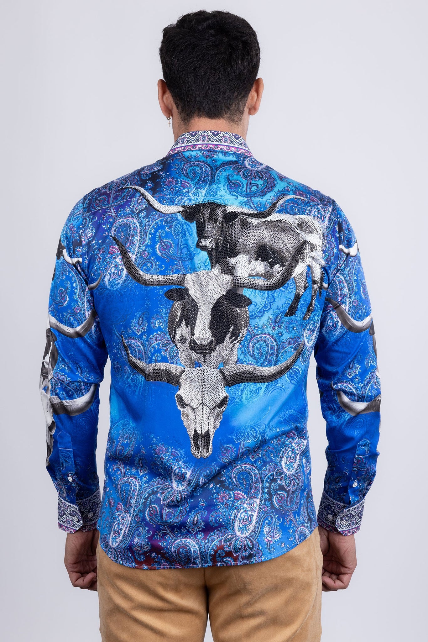 Barabas Wholesale Men's Rhinestones Animal Paisley Long Sleeve Shirts 5SPR12 Blue