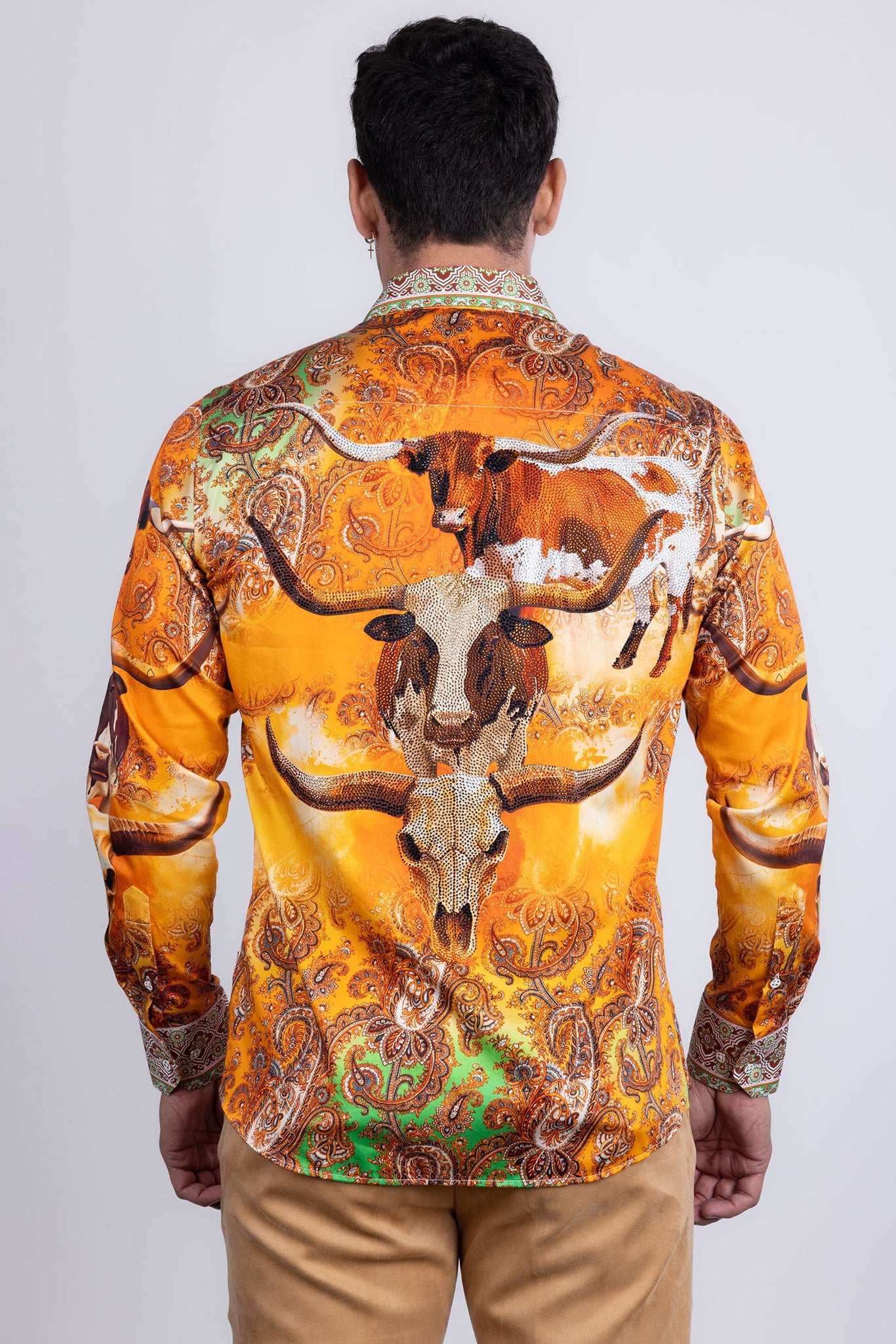 Barabas Wholesale Men's Rhinestones Animal Paisley Long Sleeve Shirts 5SPR12 Yellow