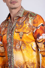 Barabas Wholesale Men's Rhinestones Animal Paisley Long Sleeve Shirts 5SPR12 Yellow