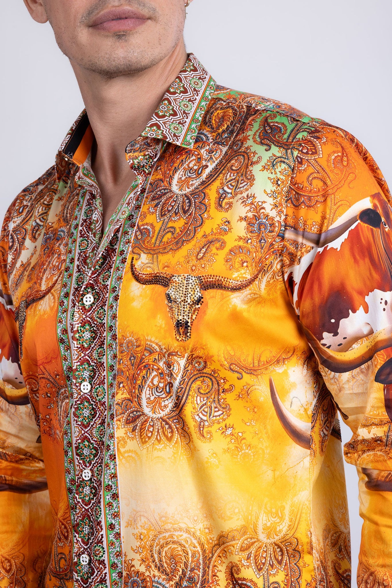 Barabas Wholesale Men's Rhinestones Animal Paisley Long Sleeve Shirts 5SPR12 Yellow